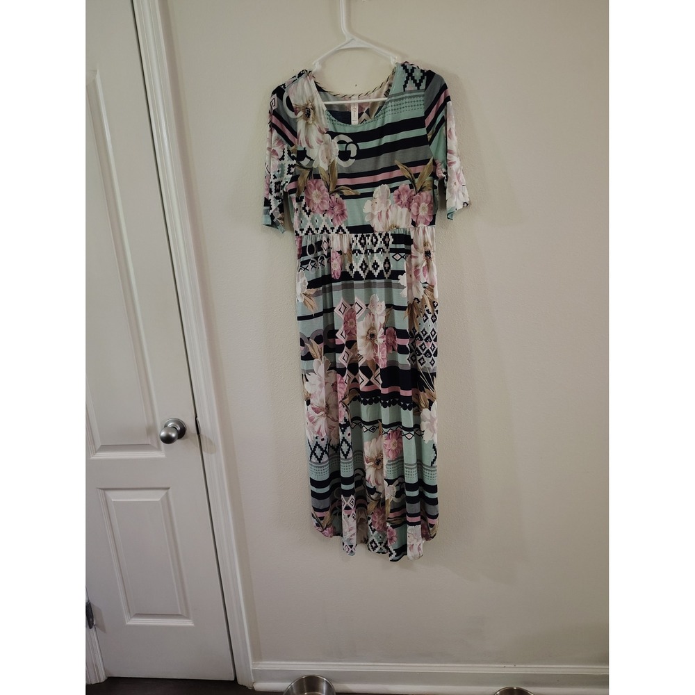Discount Divas Boutique Floral Geometric Stripe Maxi‎ Dress High Low Mint Pink L